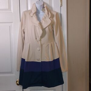 By Stella ivory navy teal button down color block  pleated pea coat  Sz M